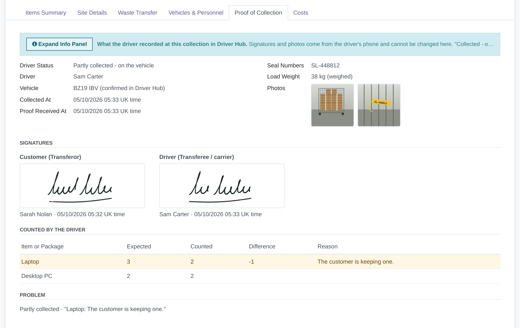 A collection's Proof of Collection tab in RecyclyERP, with the driver status, driver, vehicle, seal number, weight, photos, both signatures and the counts against what was expected.