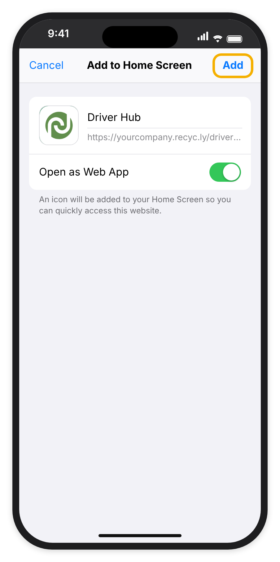 The iPhone Add to Home Screen page showing the Driver Hub icon and name, Open as Web App switched on, and Add.