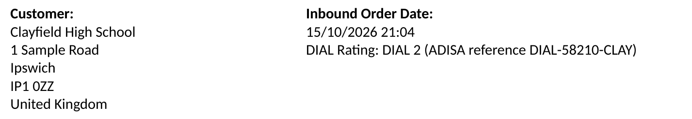 The header box of a Data Erasure Certificate printed from a made-up DIAL 2 order, with DIAL Rating: DIAL 2 (ADISA reference DIAL-58210-CLAY) directly under Inbound Order Date.