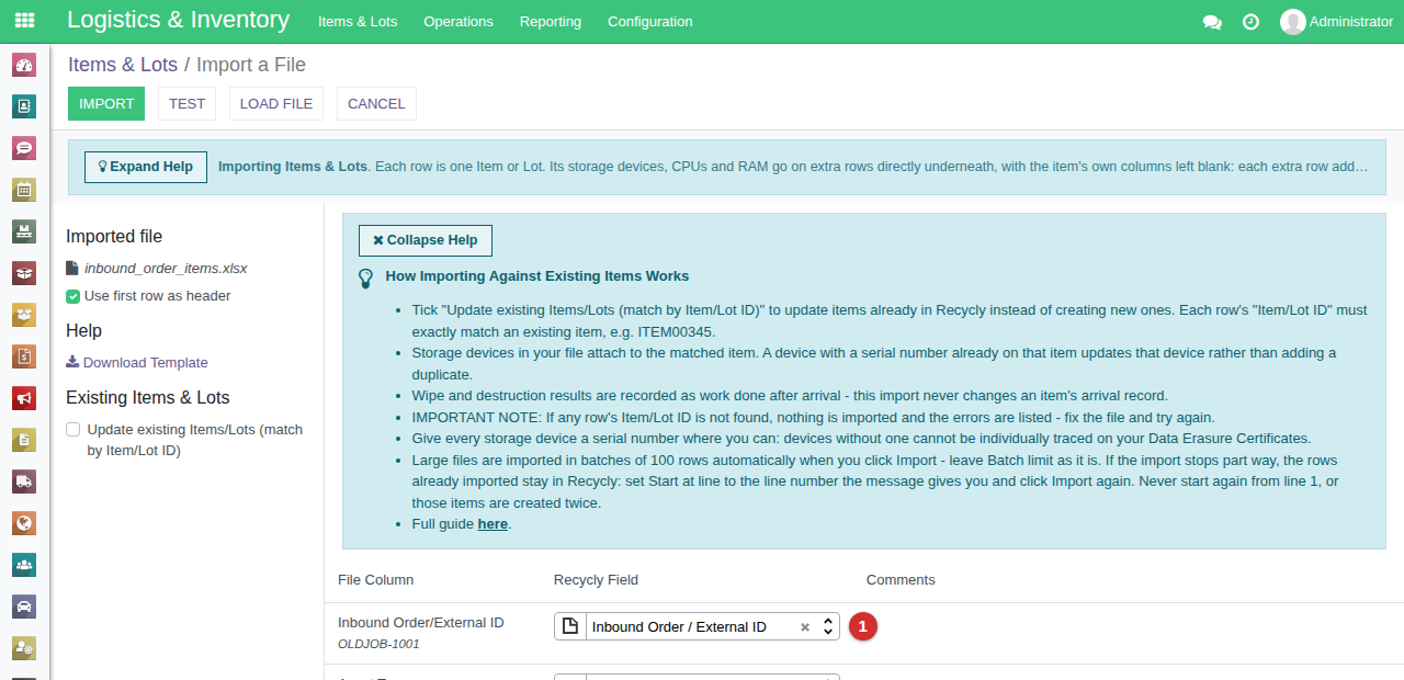 The Items and Lots import screen, with the Inbound Order/External ID column matched marked 1