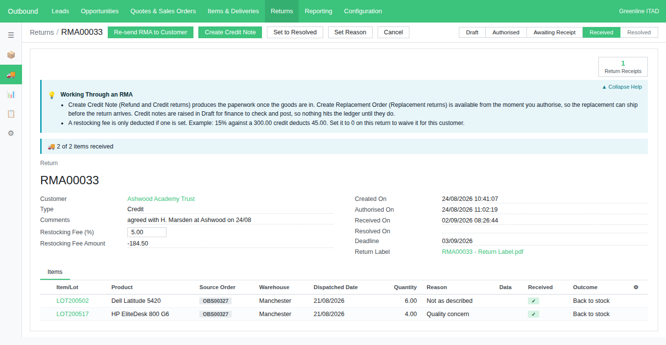 RMA00033 at Received, with the Create Credit Note button in the header and the restocking fee fields