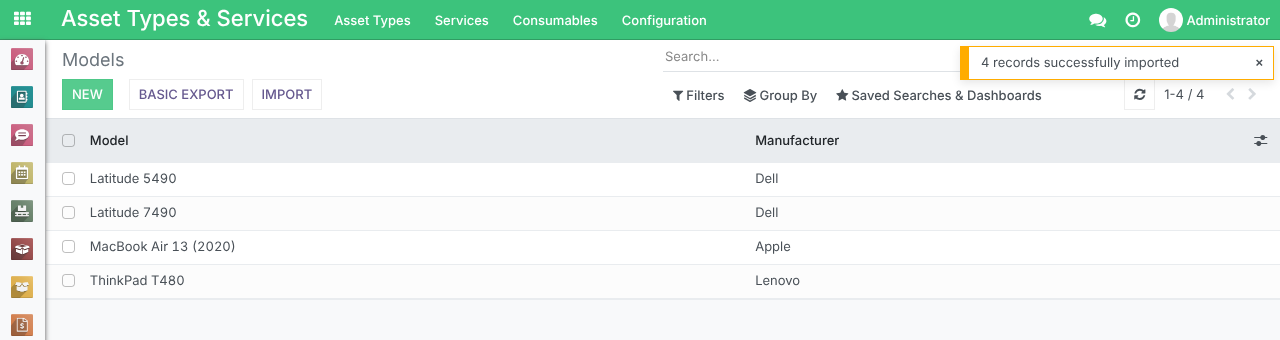 The Models list after the import, with 4 records successfully imported and each model linked to its manufacturer