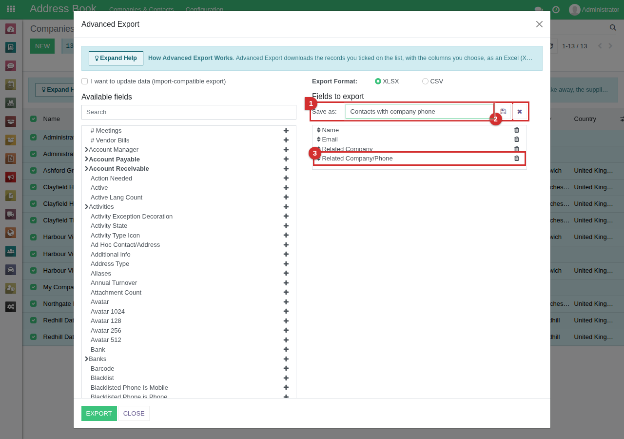 Saving a template: the name Contacts with company phone, marked 1; the save button, marked 2; and Related Company/Phone among the saved columns, marked 3