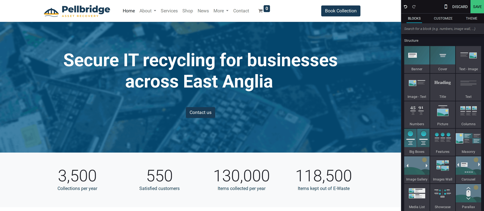 Editing a web page in the RecyclyERP website builder