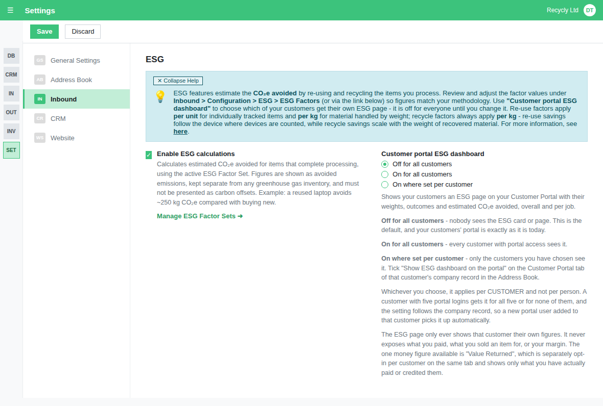 Settings, Inbound, ESG: the Enable ESG calculations toggle and the three Customer portal ESG dashboard choices