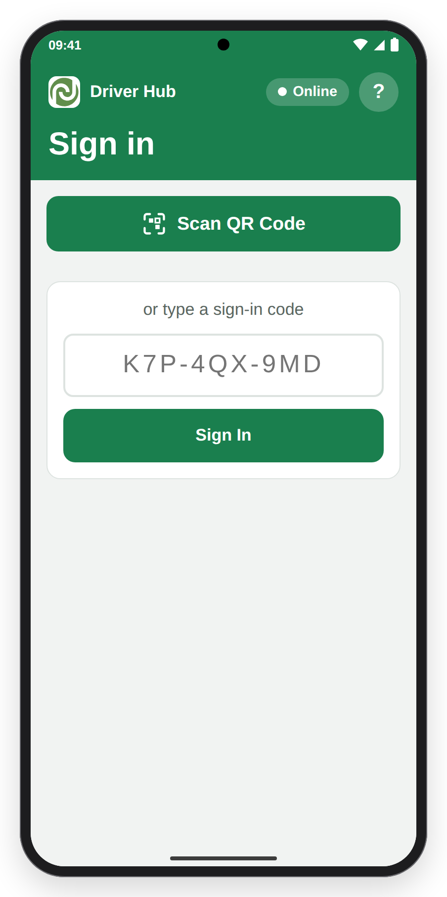 The Driver Hub sign-in screen with Scan QR Code and the box to type a sign-in code.
