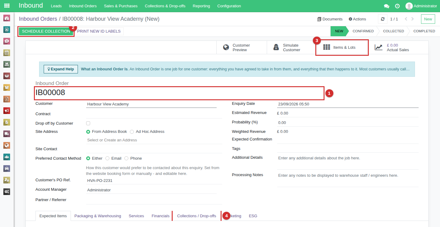 An Inbound Order: its Job ID marked 1, Schedule Collection marked 2, the Items and Lots button marked 3, and the Collections and Drop-offs tab marked 4