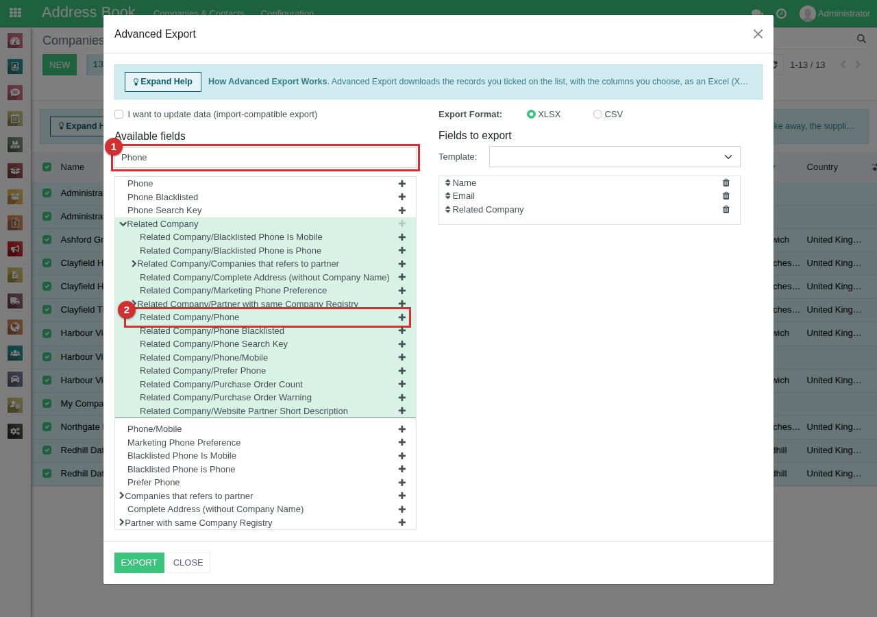 The Advanced Export window: the Search box holding Phone, marked 1, and Related Company/Phone under the opened Related Company, marked 2