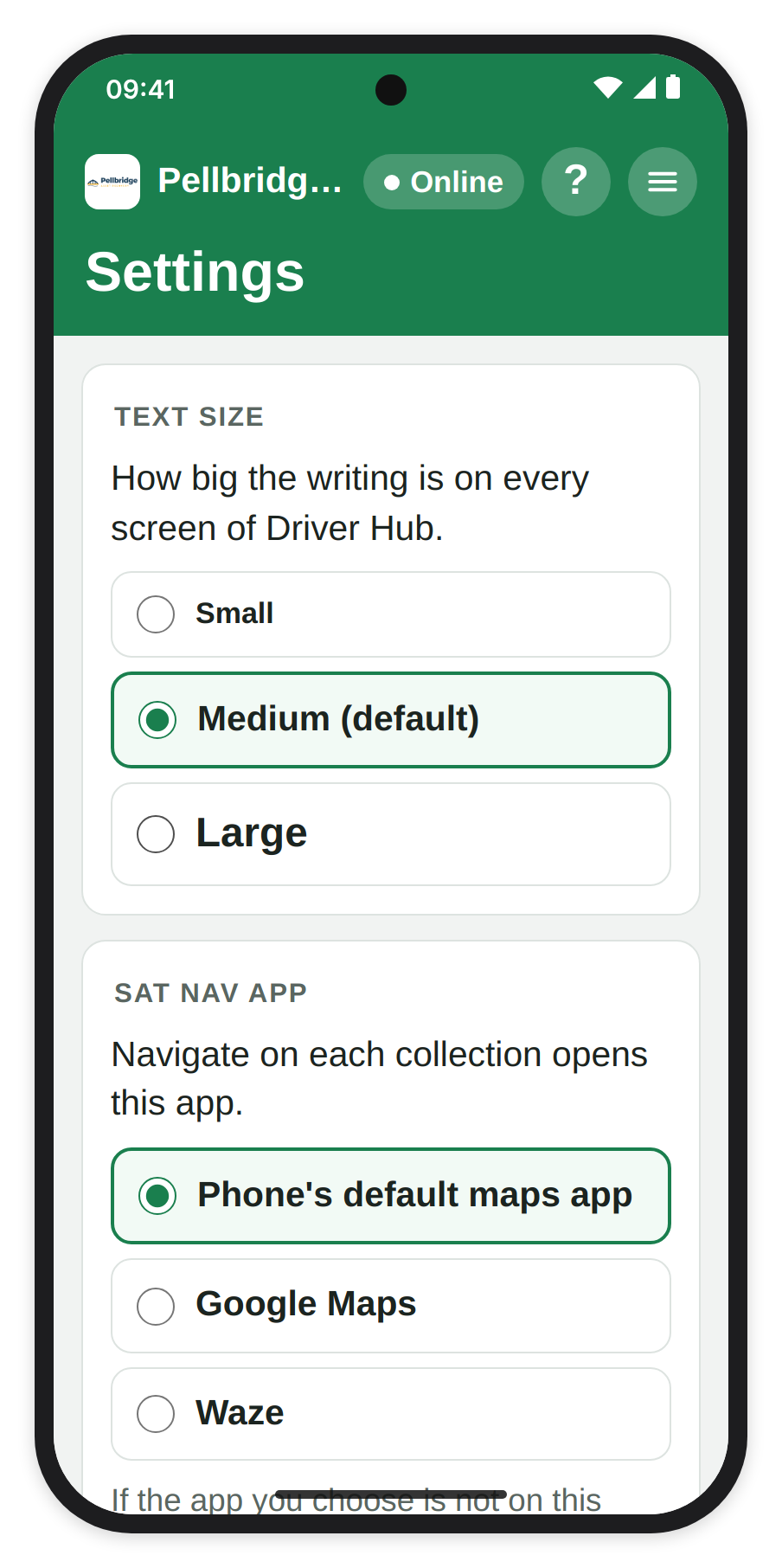 The Settings screen with Text size (Medium (default) chosen) and Sat nav app (Phone's default maps app chosen), with Google Maps and Waze below.