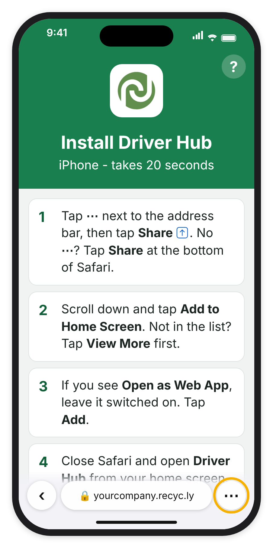 The Install Driver Hub screen on an iPhone, with the four Safari steps and the Sign in from the home screen app warning.