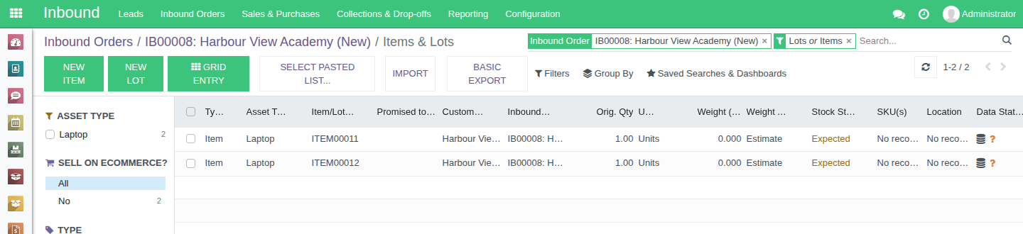 The two items on Inbound Order IB00008, both expected