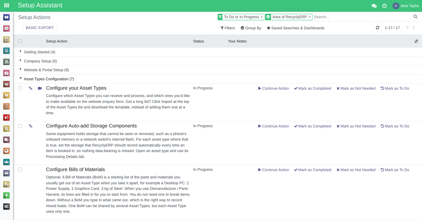 The Setup Assistant checklist in RecyclyERP