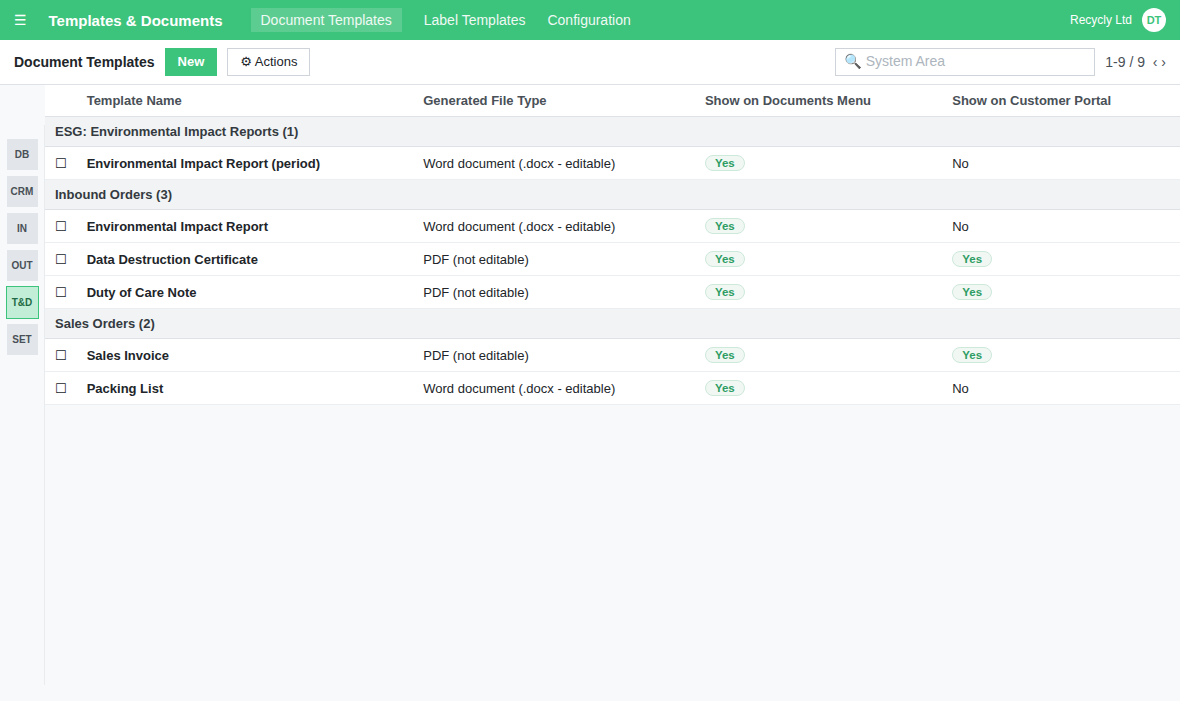 The Document Templates list, with the two Environmental Impact Report templates under the ESG and Inbound Orders areas