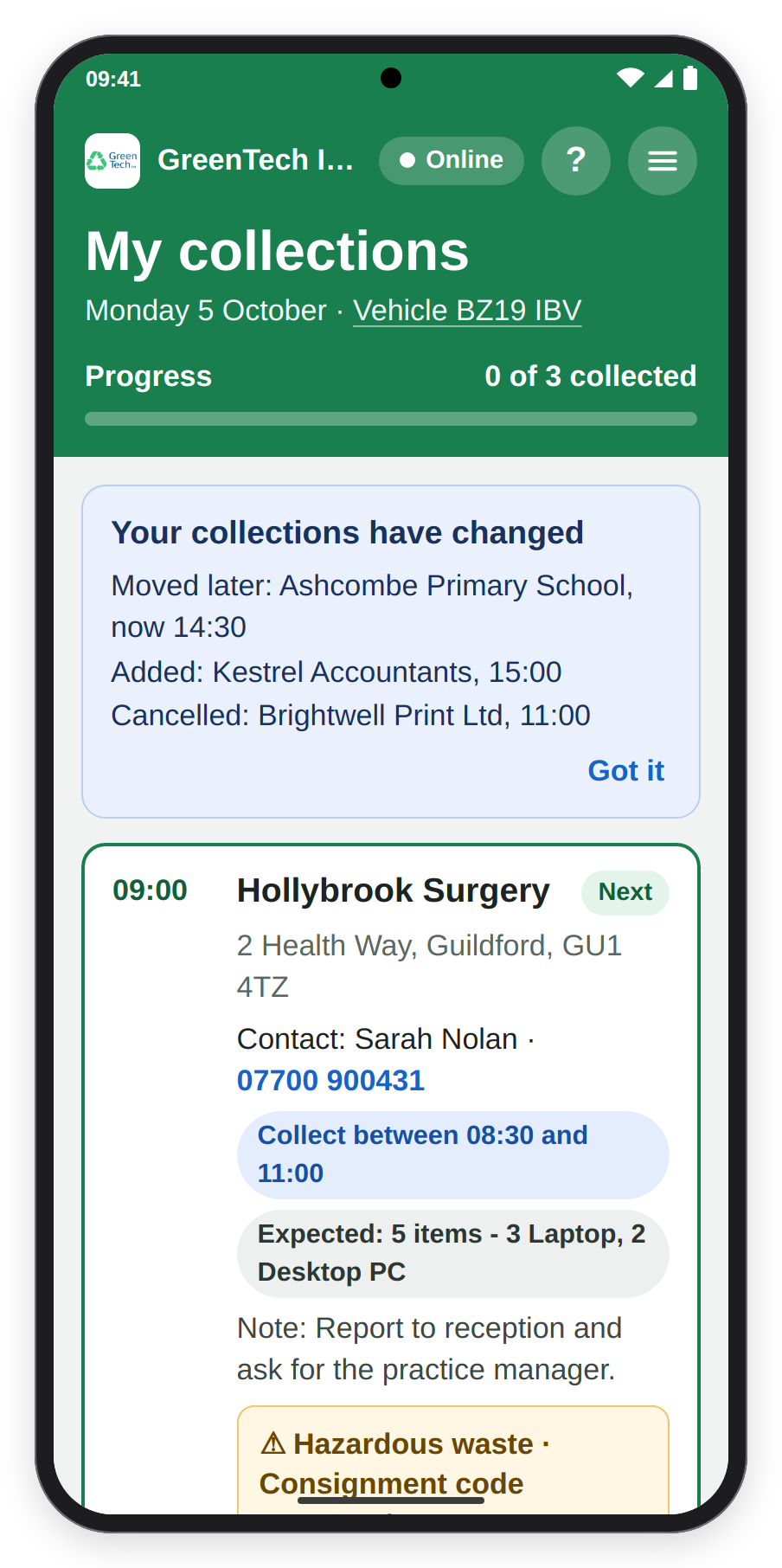 The Your collections have changed banner on My collections, listing a collection moved later, one added and one cancelled, with Got it.