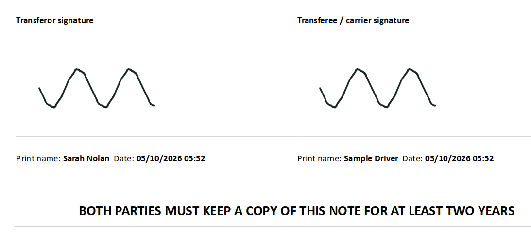 The two signature boxes on a signed Waste Transfer Note, filled in from Driver Hub.