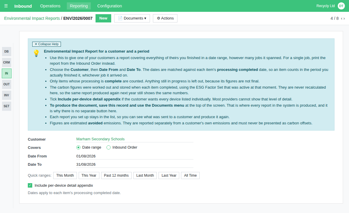 The Environmental Impact Report form with a customer chosen, Covers set to Date range, the Quick ranges buttons and the appendix tick