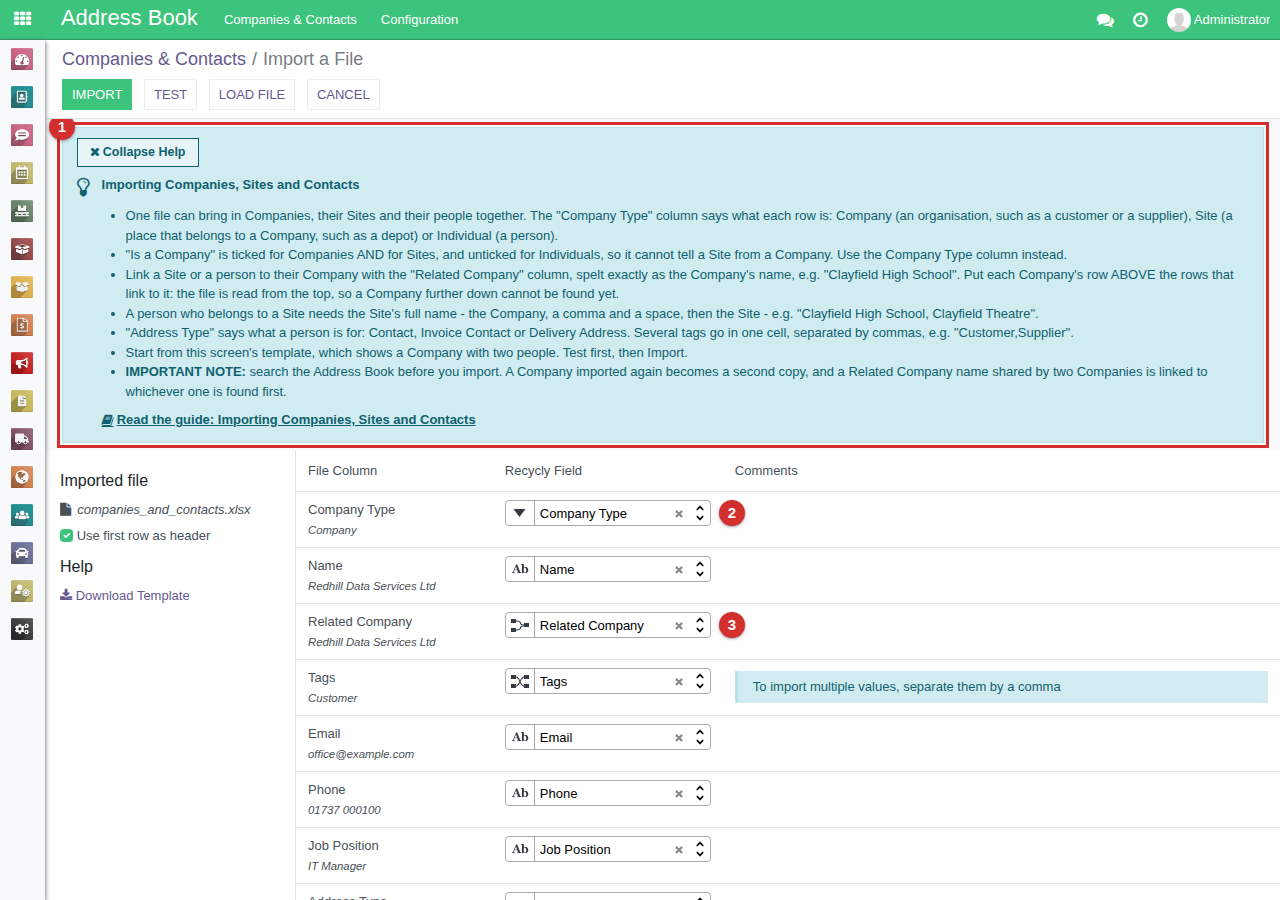 The Address Book import screen with the file loaded: the help panel marked 1, Company Type marked 2, Related Company marked 3