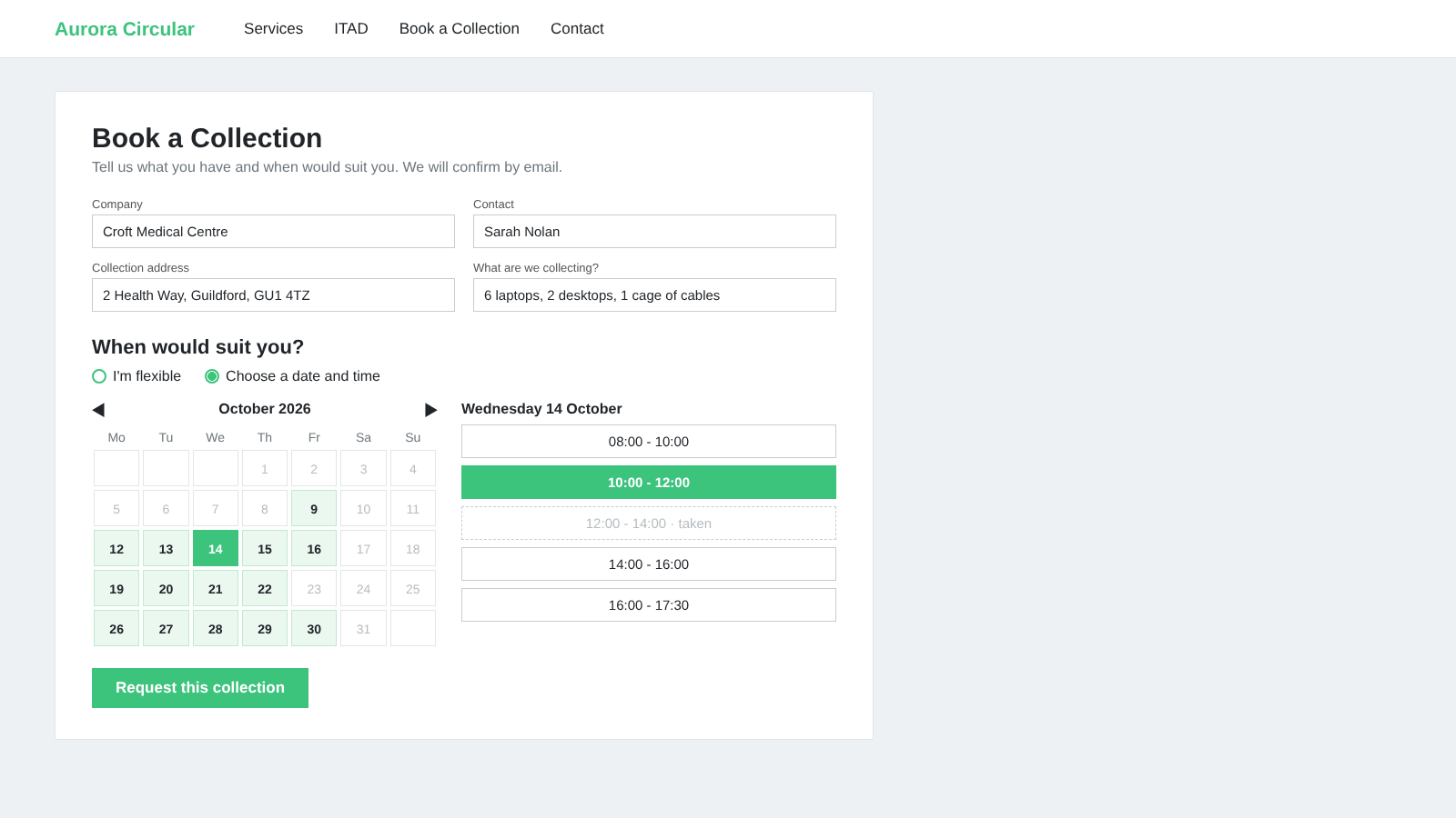 The Book a Collection form with a date and time picker