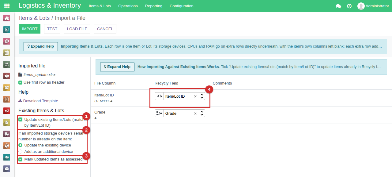 Updating existing items: Update existing Items/Lots ticked, marked 1; the storage device option, marked 2; Mark updated items as assessed, marked 3; and the Item/Lot ID column matched by hand, marked 4