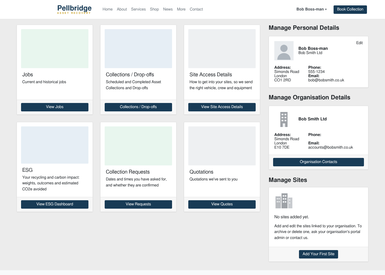 The Customer Portal home page with the Manage Sites box