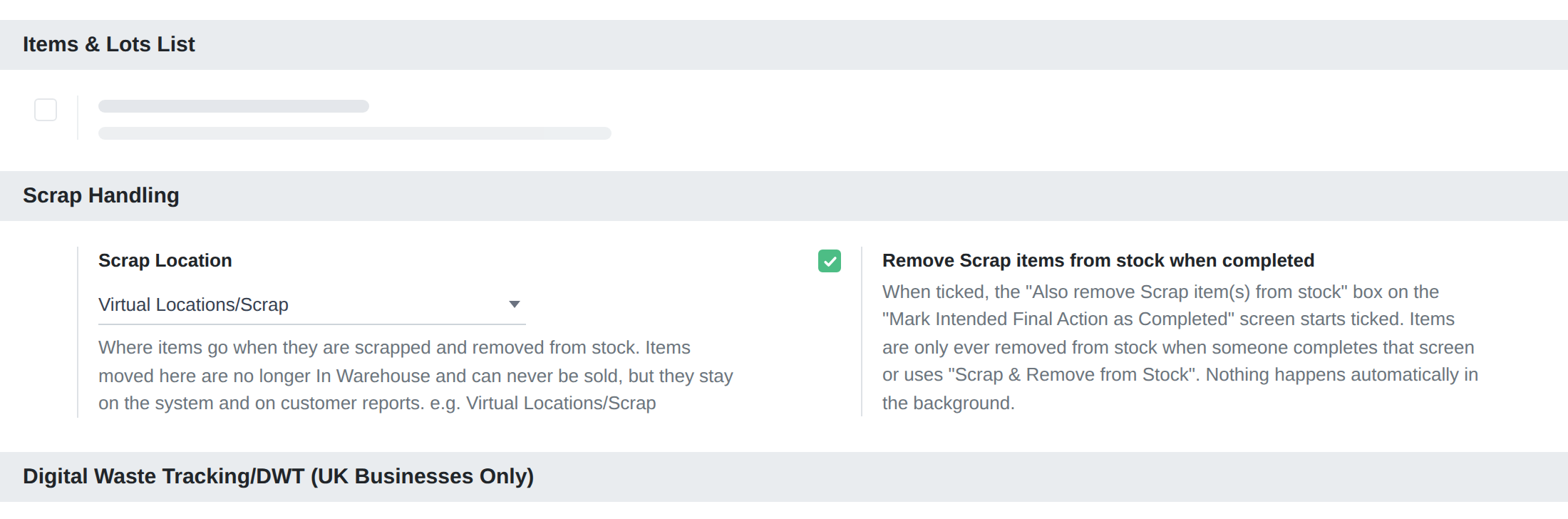 The Scrap Handling section of Settings: the Scrap Location, and Remove Scrap items from stock when completed