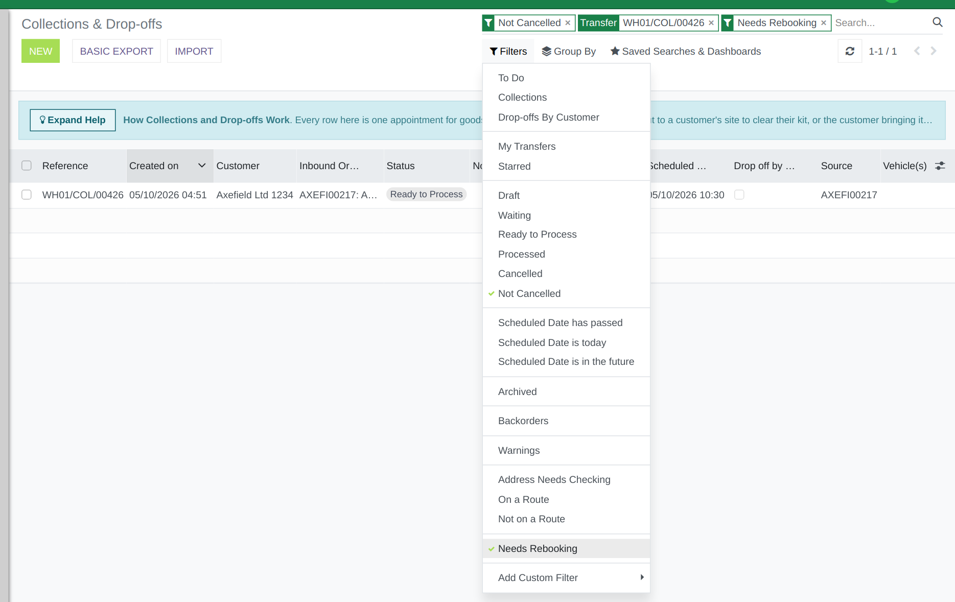 The collections list with Needs Rebooking ticked, the last item in the Filters menu.