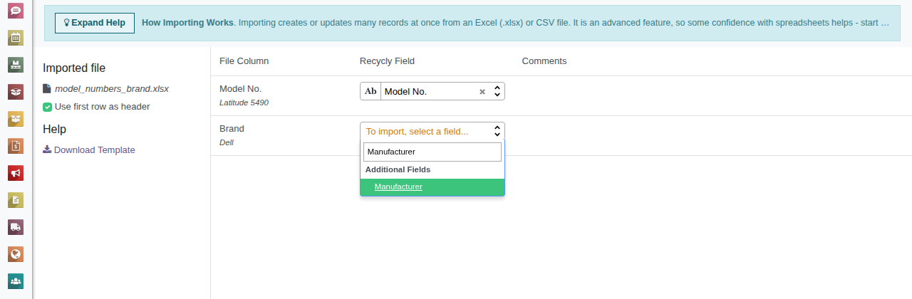 Choosing the Manufacturer field for the Brand column