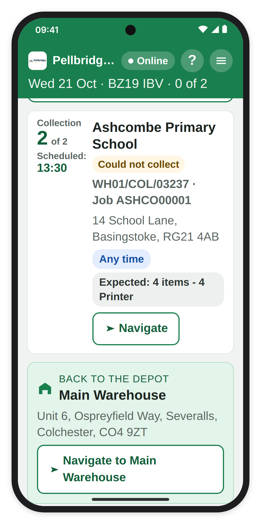 The Back to the depot card at the end of My collections, with Main Warehouse, its address and Navigate to Main Warehouse.
