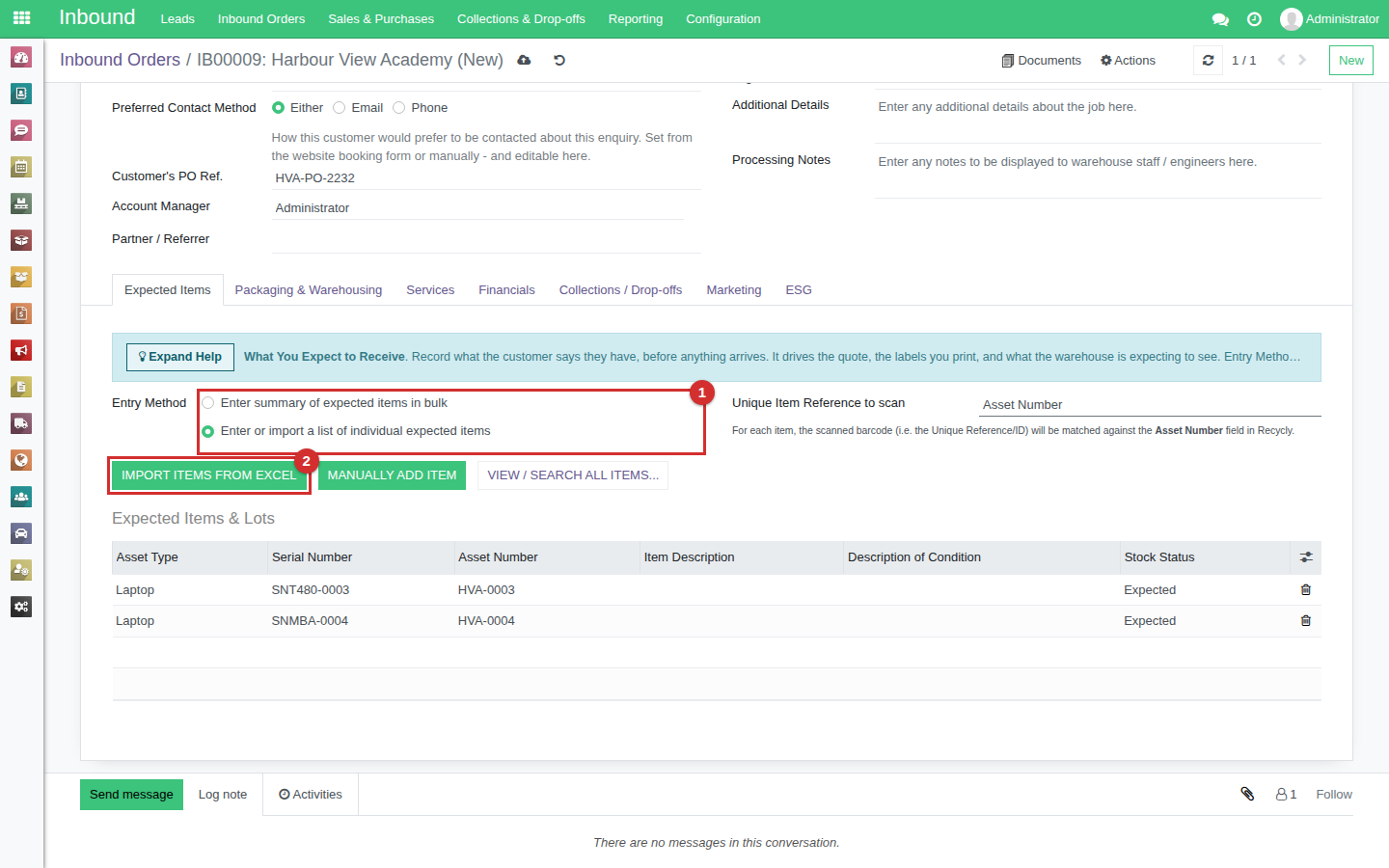 An order's Expected Items tab: the Entry Method marked 1 and Import Items from Excel marked 2