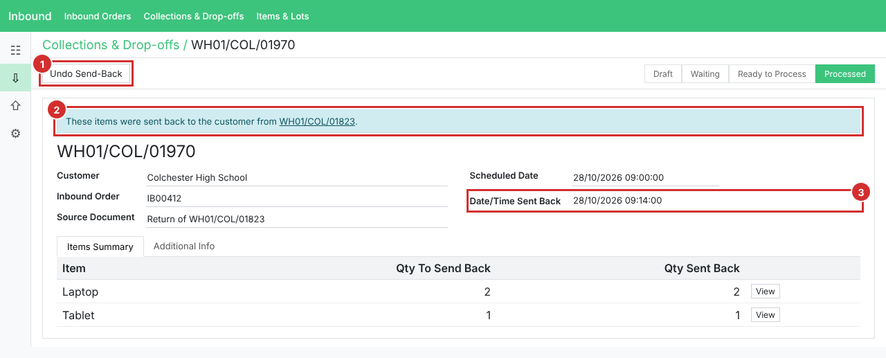 A confirmed send-back transfer with Undo Send-Back at the top
