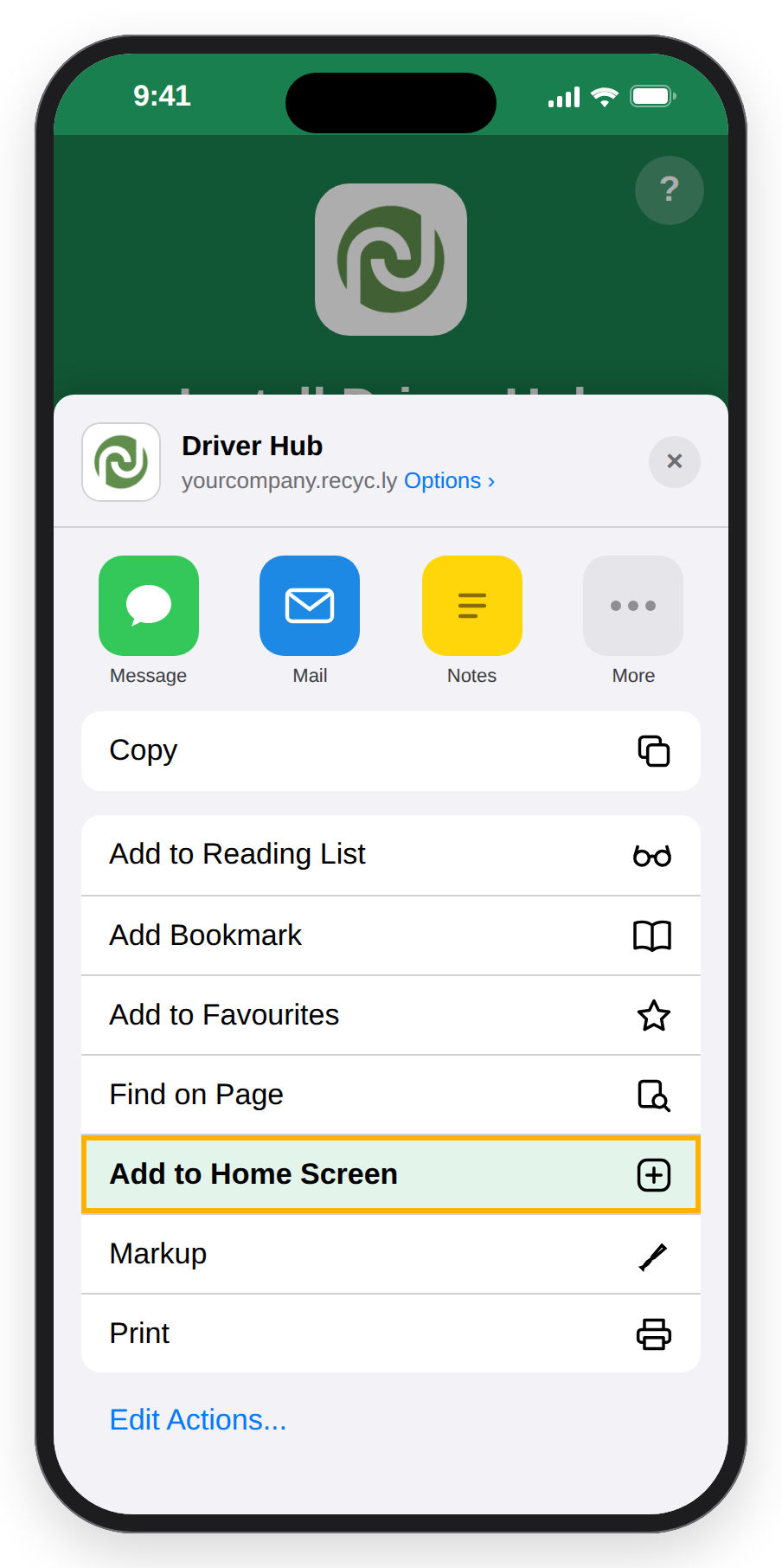 An iPhone with Safari's Share menu open over Driver Hub, Add to Home Screen highlighted.