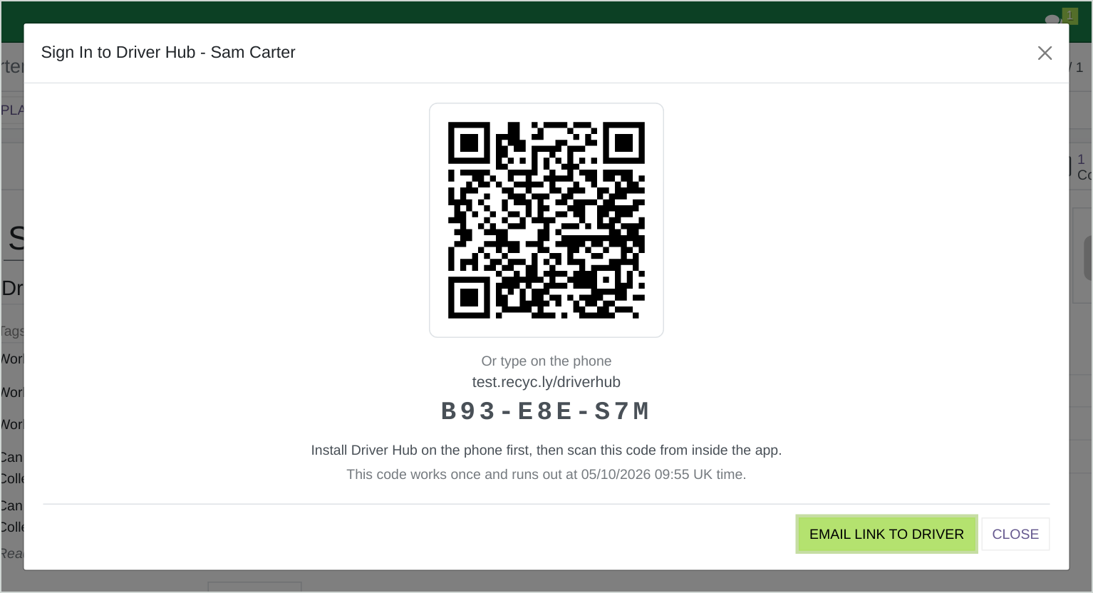 The Sign In to Driver Hub pop-up showing a QR code, the Driver Hub address, the code in three groups of three and the Email Link to Driver button.