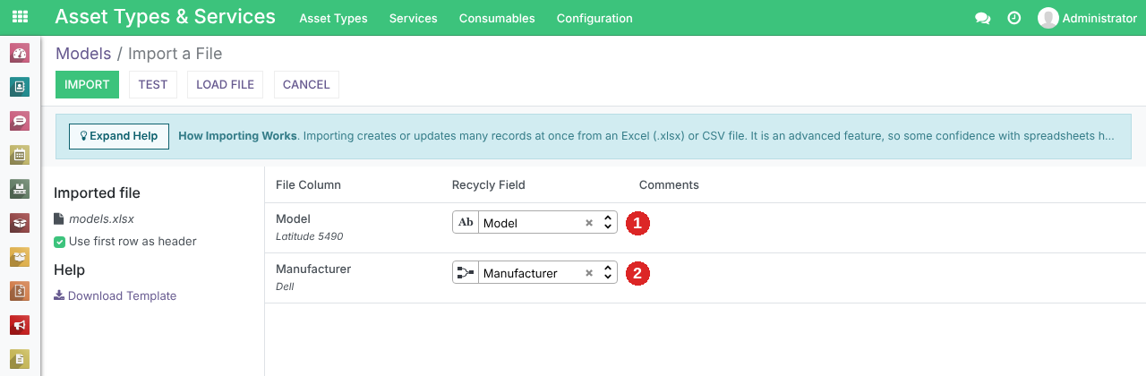 The models file loaded: 1 the Model column matched to the Model field, 2 the Manufacturer column matched to the Manufacturer field