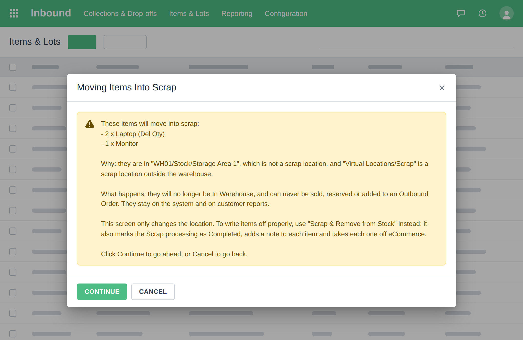 The Moving Items Into Scrap popup, counting each asset type and saying why and what will happen
