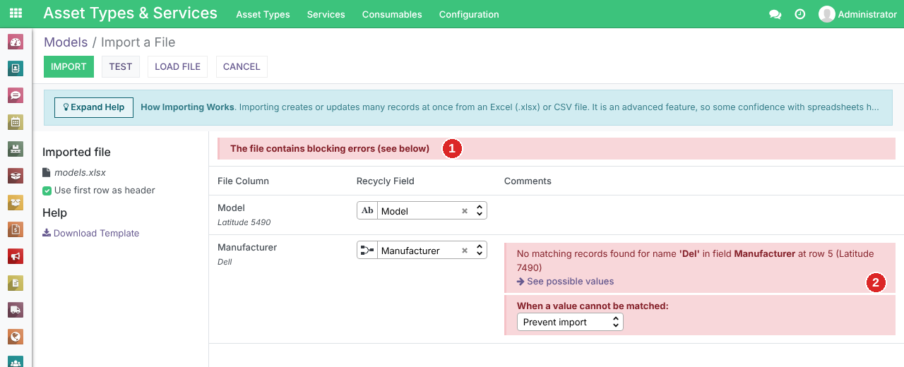 Test finds a blocking error (1): no manufacturer called Del, at row 5 (2)