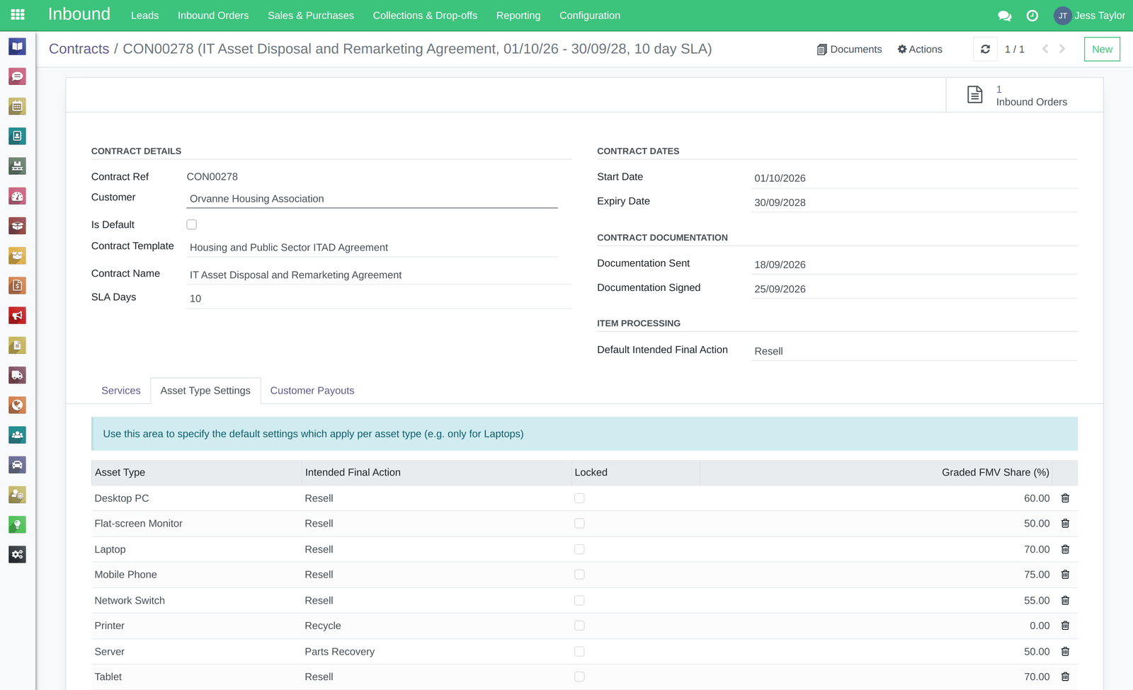 Customer contract in RecyclyERP with grading and fair market value rules