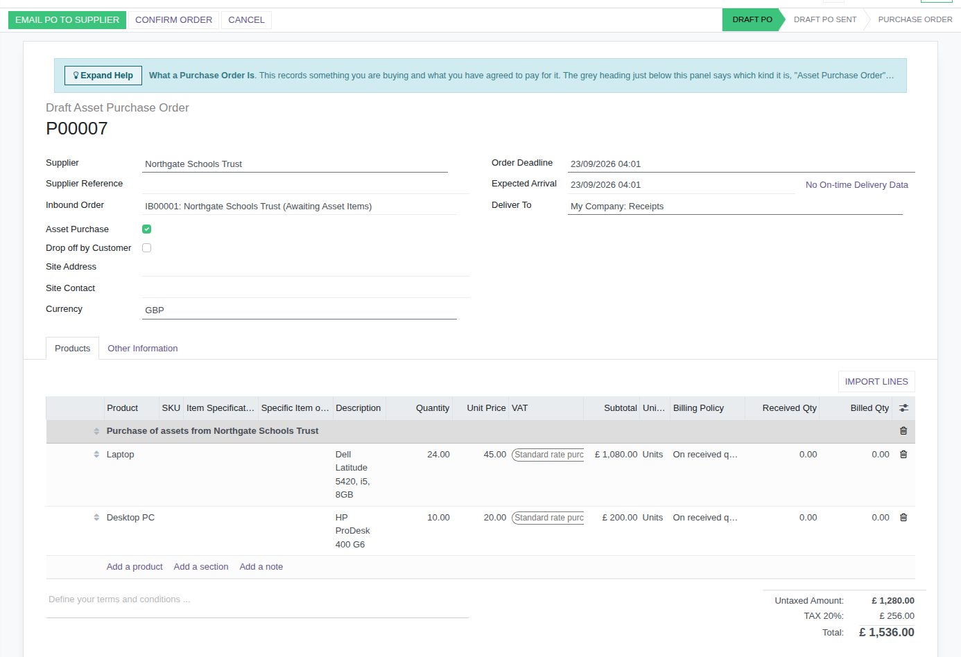 A draft Asset Purchase Order raised from a job, with a price on each line