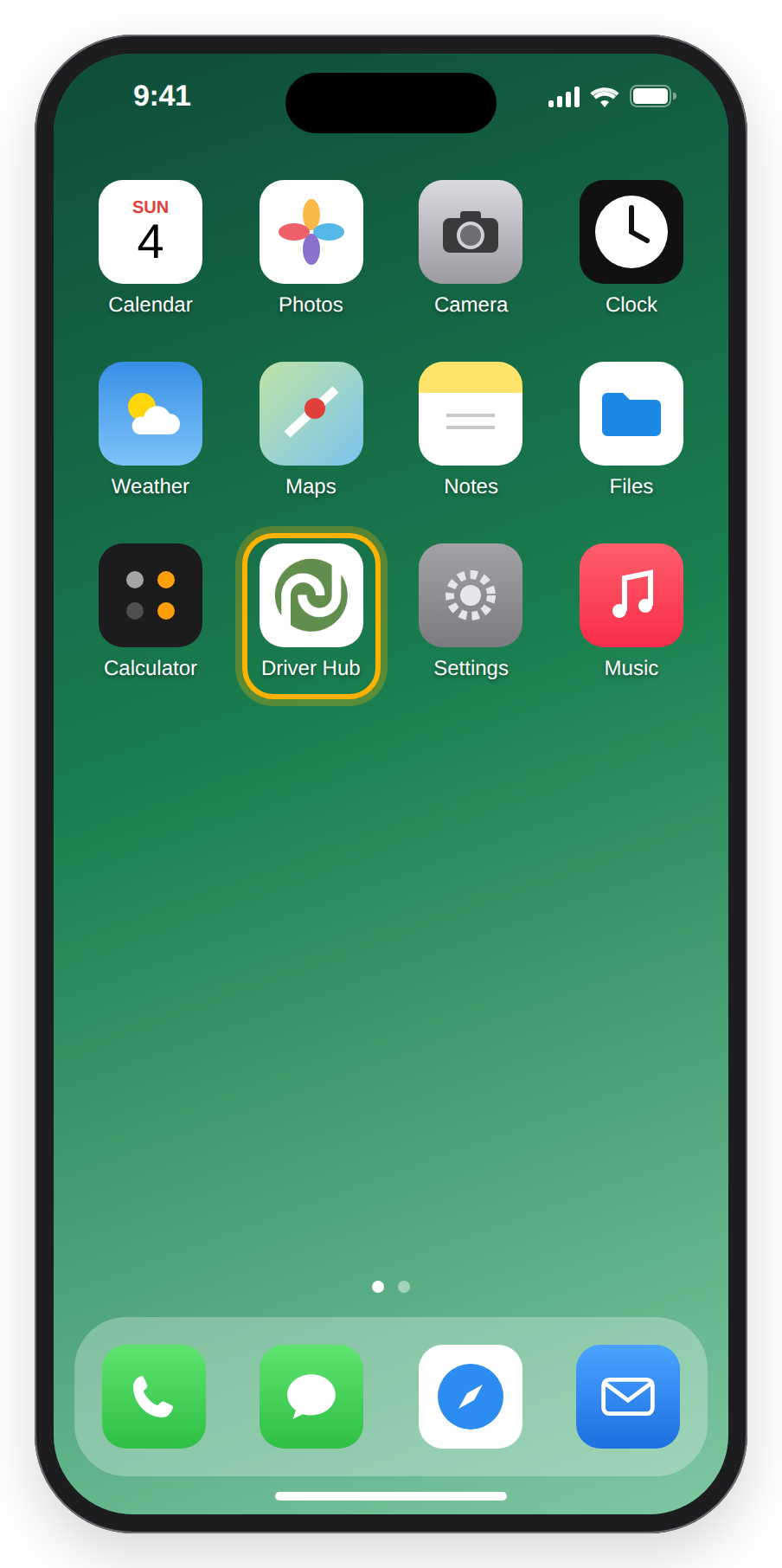An iPhone home screen with the Driver Hub icon among the other apps.