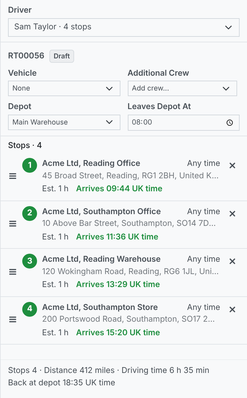 A route of four stops in the order Reading, Southampton, Reading, Southampton, with 6 h 35 min of driving and back at the depot at 18:35 UK time.
