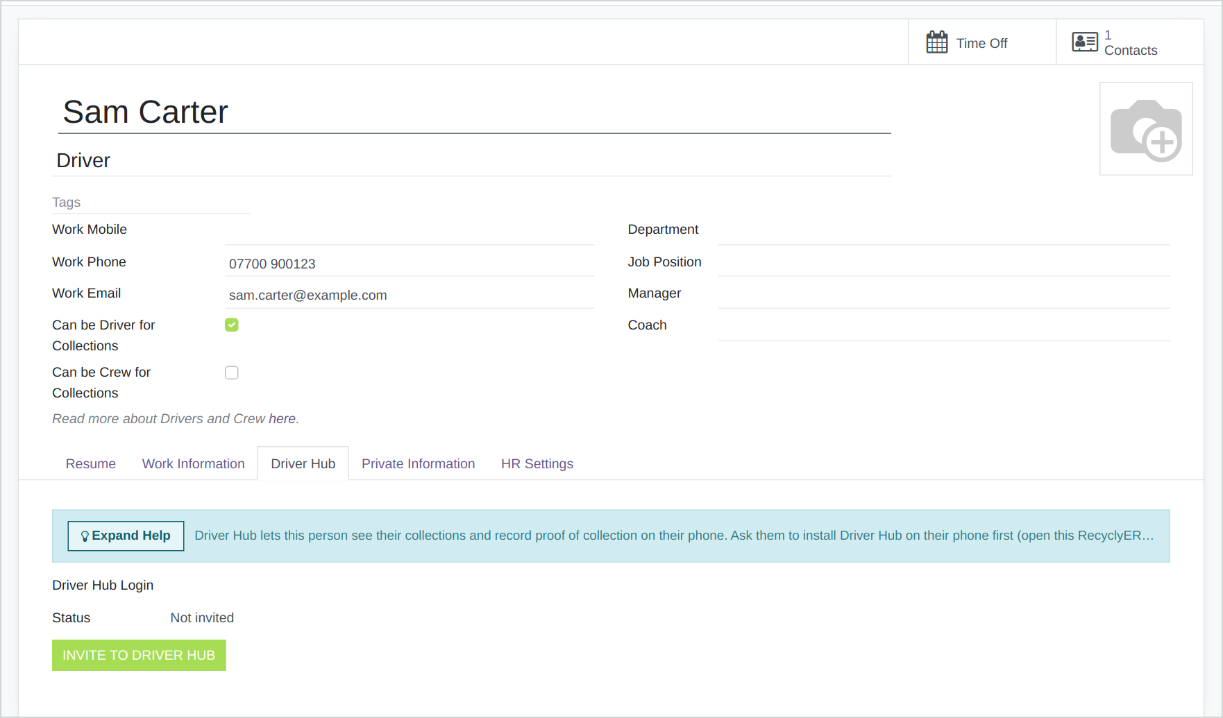 An employee record in RecyclyERP on the Driver Hub tab, with the Invite to Driver Hub button.