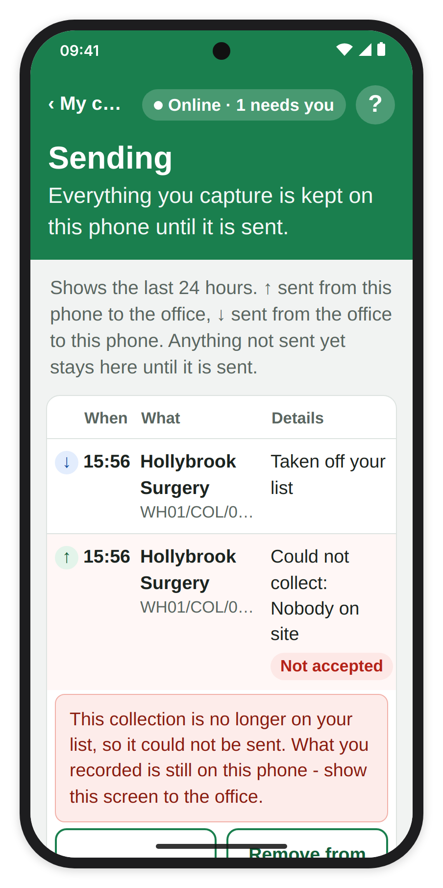 The Sending table with a Not accepted row for Hollybrook Surgery, its message saying the collection is no longer on the list so it could not be sent, and Try Again and Remove from Phone.