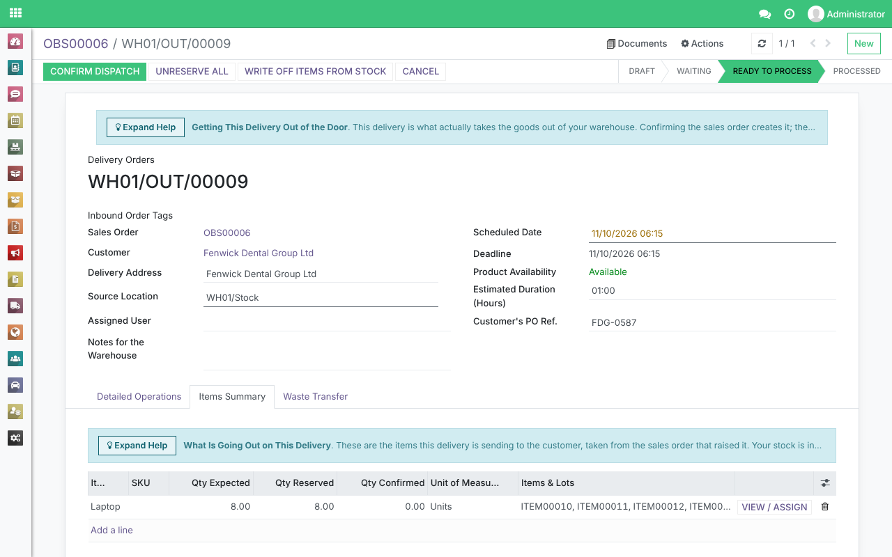 A delivery at Ready to Process, its Items Summary tab showing a Laptop row with Qty Expected 8.00 and Qty Reserved 8.00, and the View / Assign button on the row