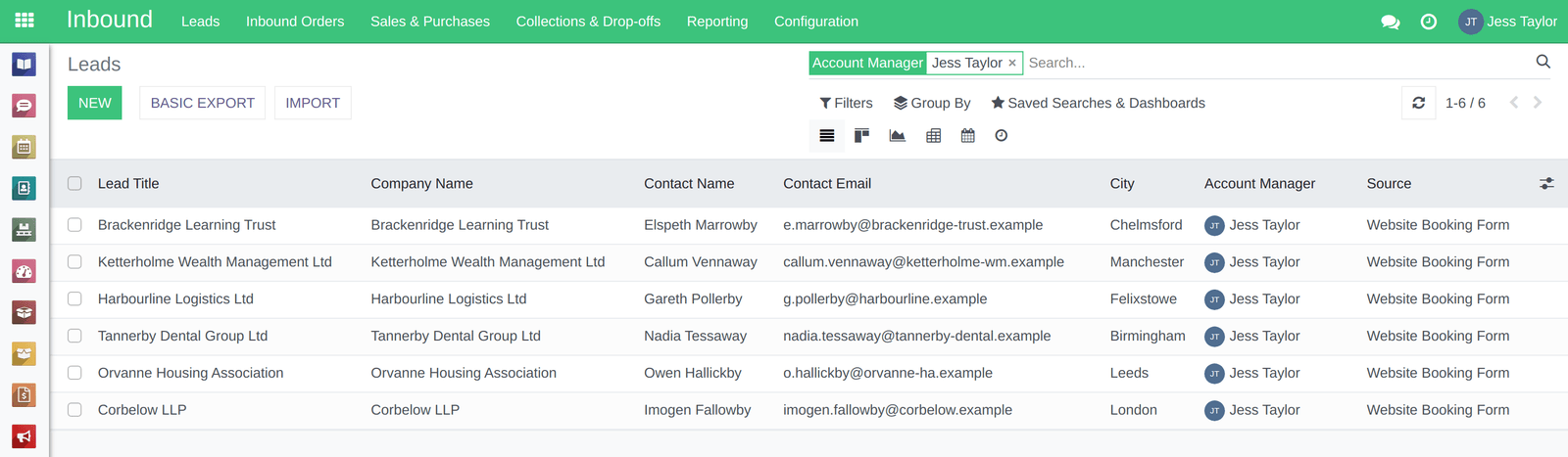 RecyclyERP list of inbound leads and enquiries in the CRM