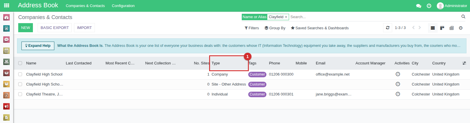 The Address Book filtered to Clayfield: a Company, a Site and an Individual, with the Type column marked 1