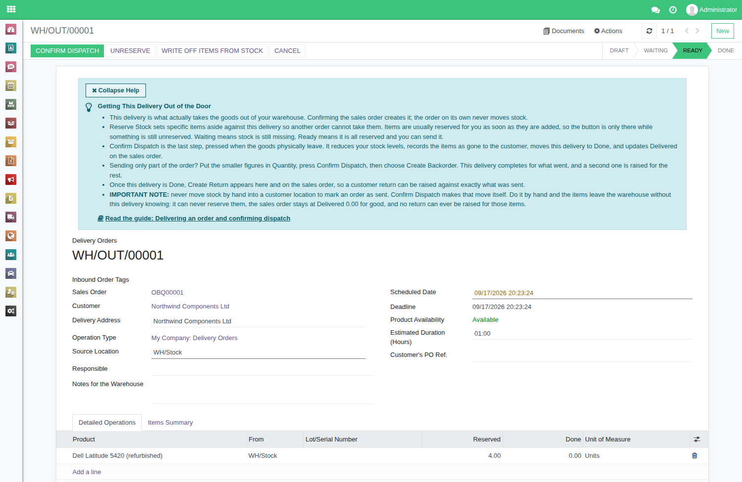 An outbound delivery at Ready, showing the help panel at the top of the screen, the Confirm Dispatch button, the status bar reading Draft, Waiting, Ready, Done, and the items on the delivery