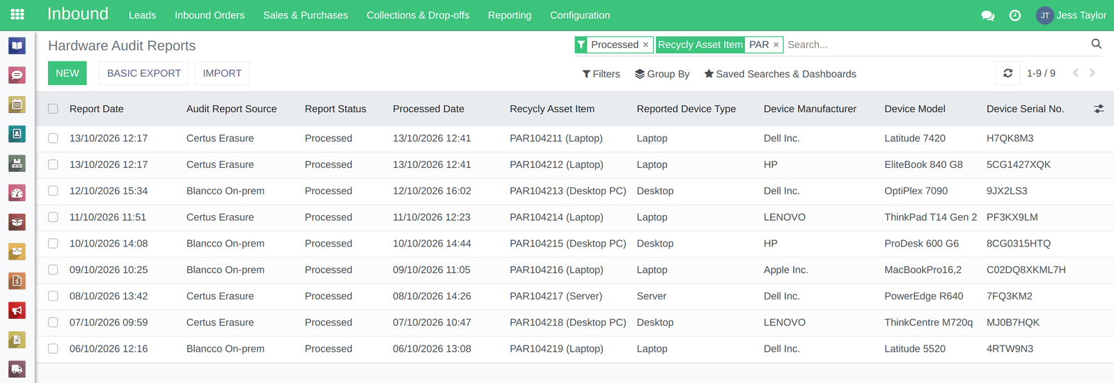 Audit and erasure reports in RecyclyERP, each matched to its item