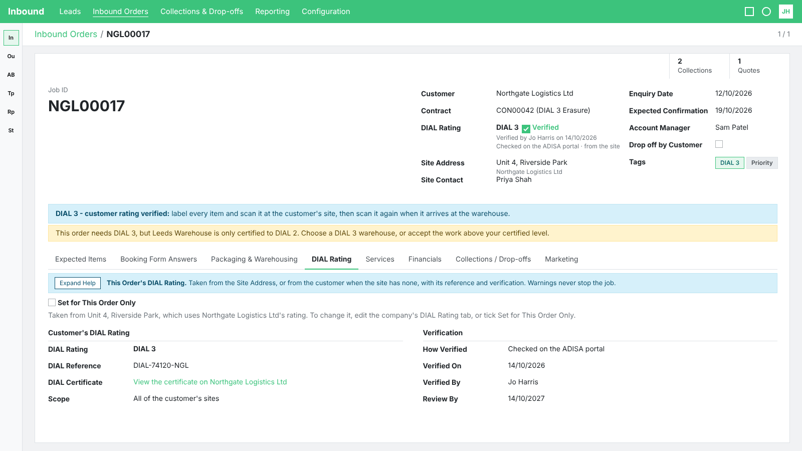 An Inbound Order showing the customer's verified DIAL Rating, the warehouse warning and the new DIAL Rating tab
