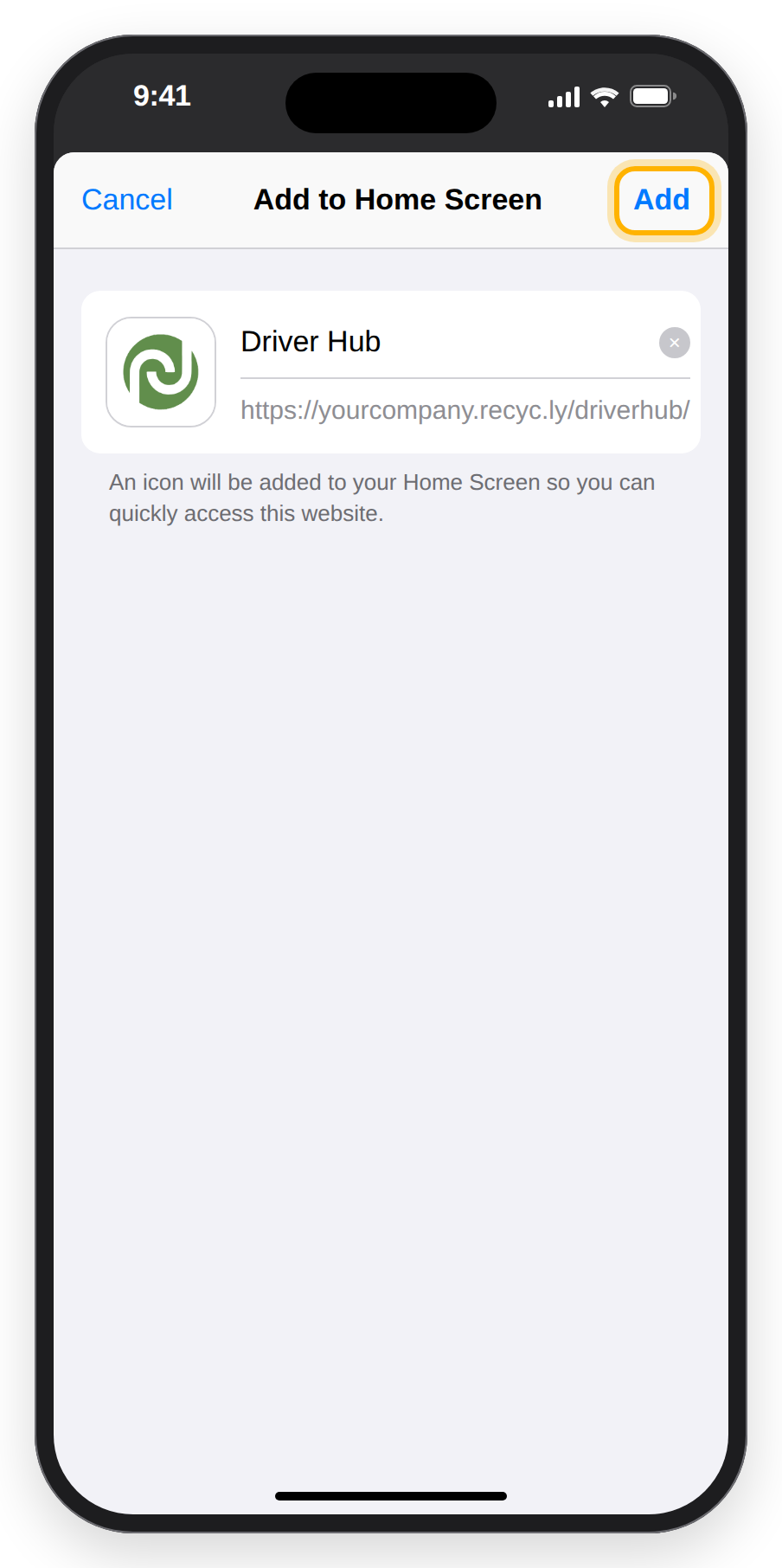 The iPhone Add to Home Screen page showing the Driver Hub icon and name, with Add at the top right.