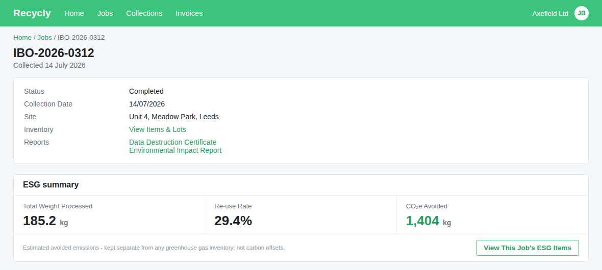 A portal job page with the ESG summary card at the foot and its View This Job's ESG Items button
