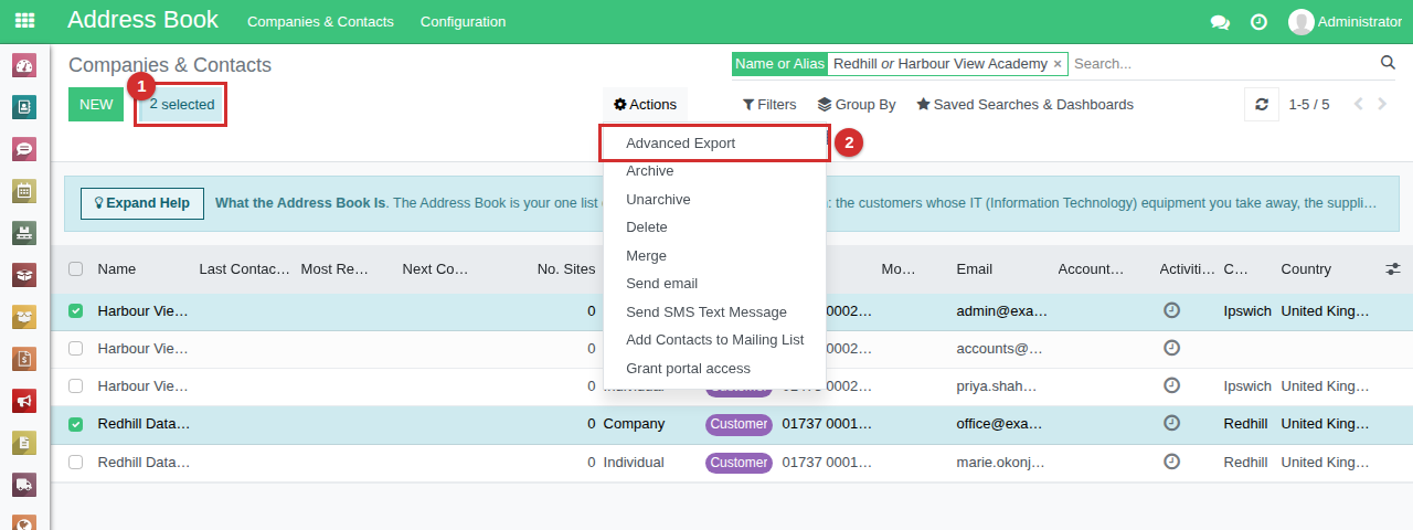 Two Companies ticked on the Companies and Contacts list, with 2 selected marked 1, and Actions, Advanced Export marked 2